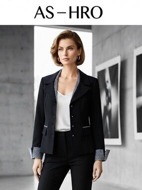 Vintage Ashro Women's Black Tailored Blazer with Striped Trim